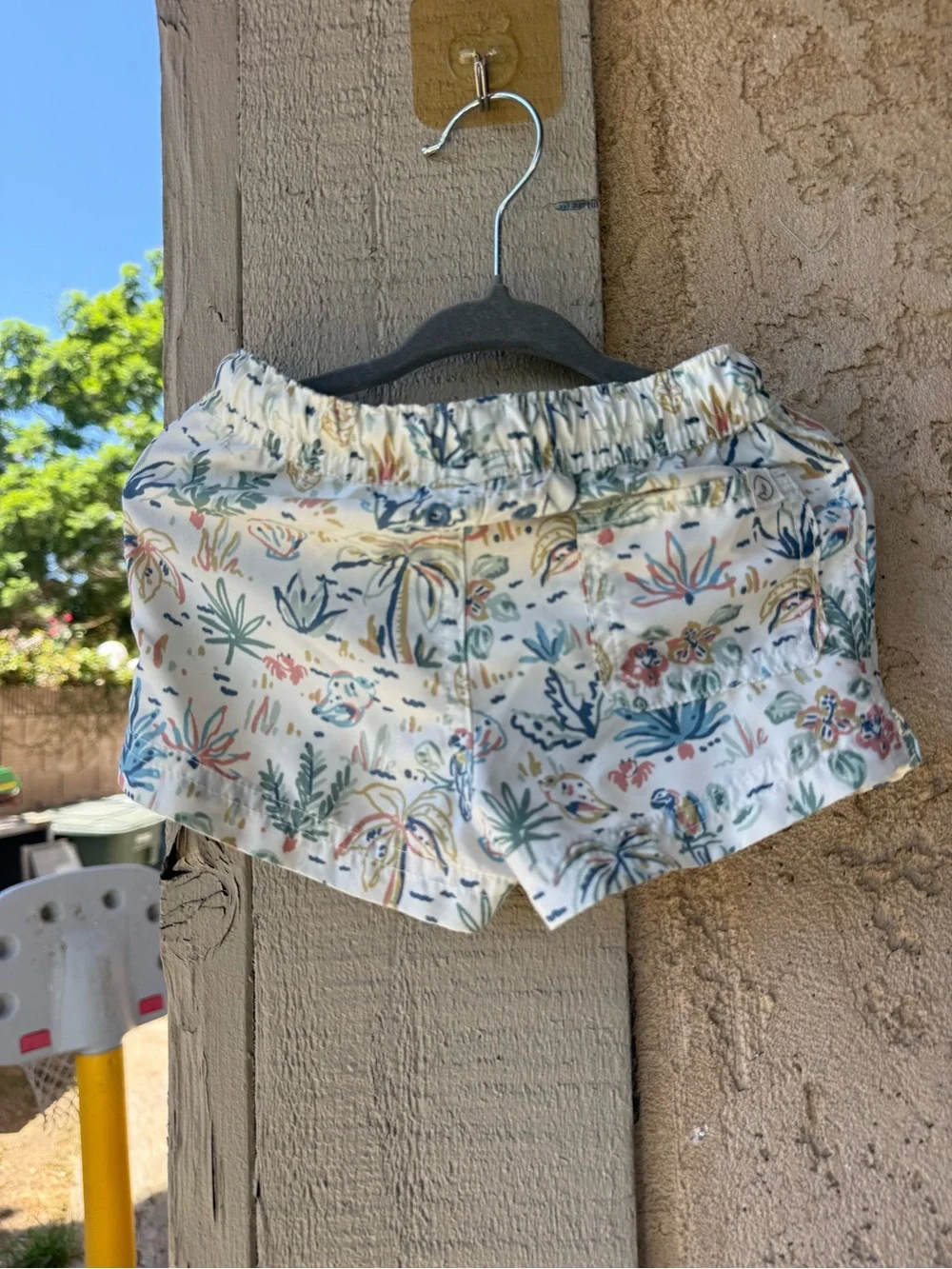 Kids White Tropical Print Swim Trunks with Drawstring